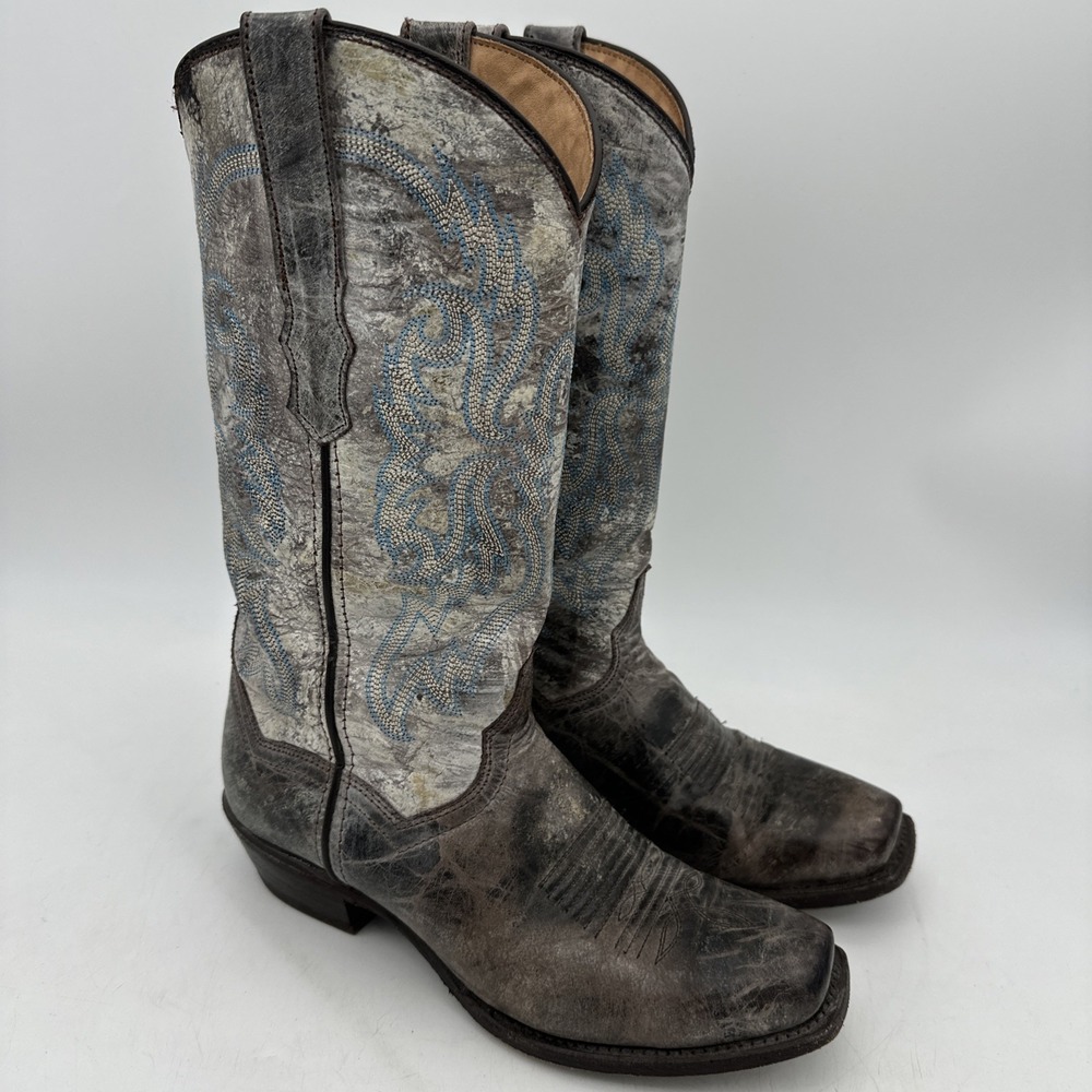 Men's Gray Distressed Vaccari Boots Embroidered Cowboy Square Toe Sz 9